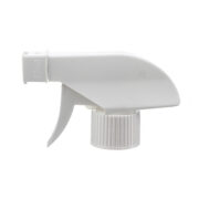 Front view of white economical foam trigger sprayer with flip-open mesh foaming head, 28-410 neck, 0.6 ml output