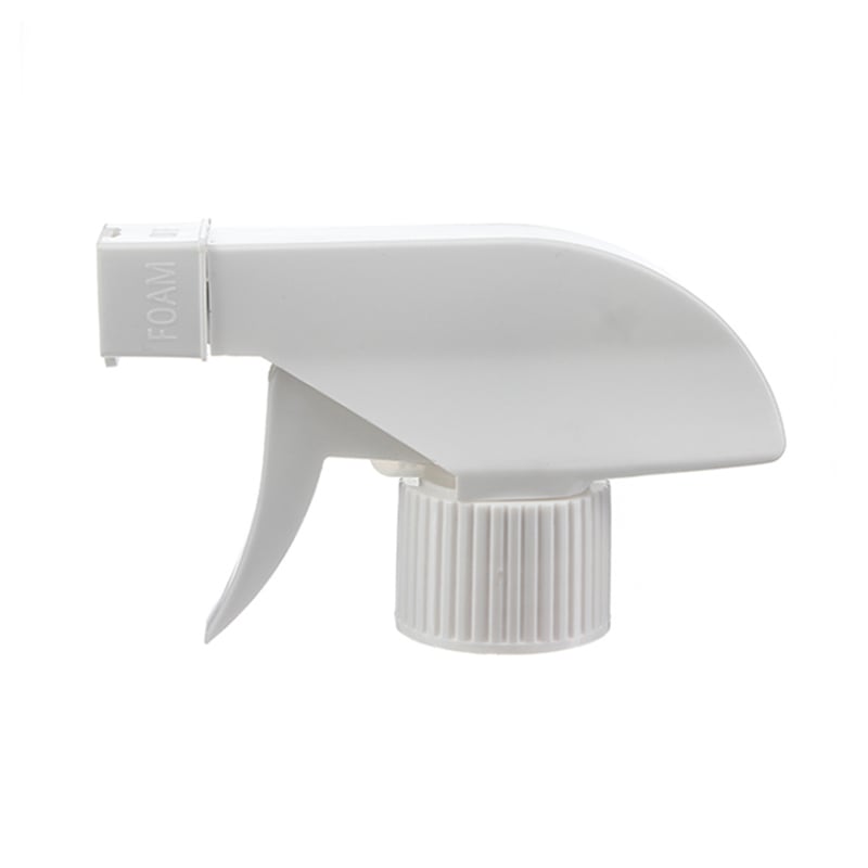 Front view of white economical foam trigger sprayer with flip-open mesh foaming head, 28-410 neck, 0.6 ml output