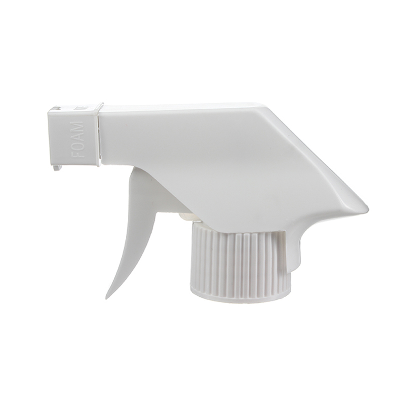 Front view of white economical foaming trigger sprayer with flip-open mesh nozzle, 28-410 neck, 0.6 ml output
