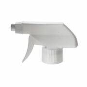 Front view of white economical foam trigger sprayer with plastic mesh nozzle, 28-410 neck, 0.6 ml output