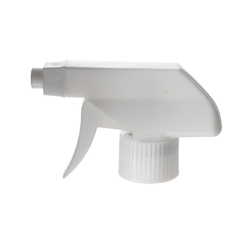 Front view of white economical foam trigger sprayer with plastic mesh nozzle, 28-410 neck, 0.6 ml output