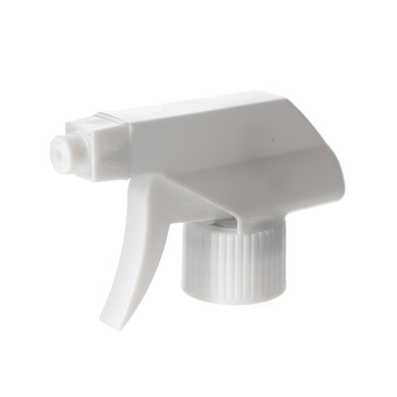 45-degree angled view of white economical foam trigger sprayer showing plastic mesh foaming head and trigger design, 28-410 neck, 0.6 ml dosage