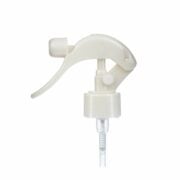 Front view of pearl white mini trigger sprayer, 28-410 neck, fine mist output with lockable button, 0.5 ml dosage