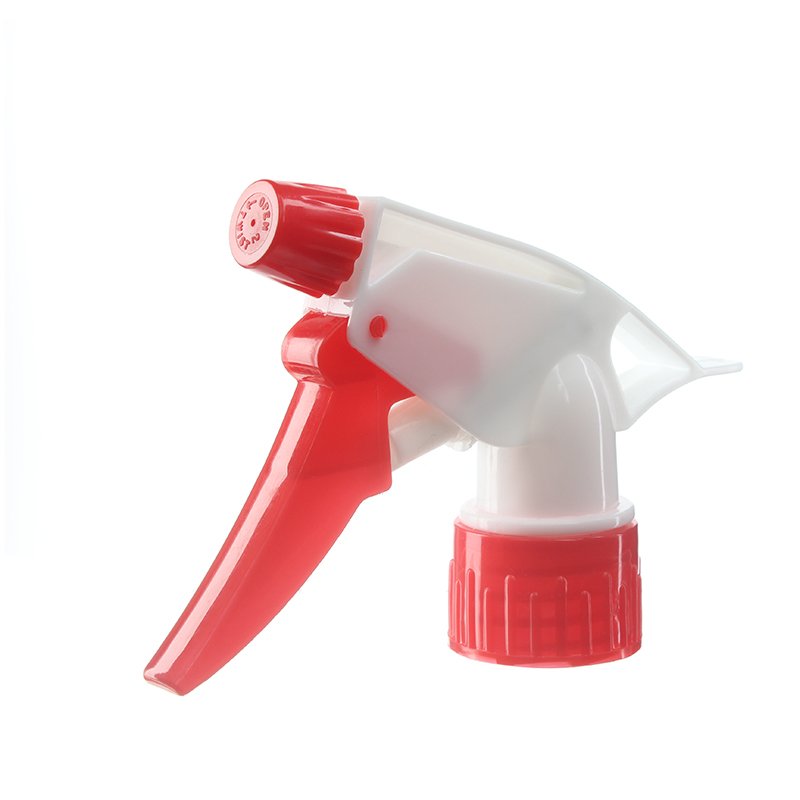 45-degree angled view of white and red economical heavy duty trigger sprayer showing nozzle and trigger design, 28-410 neck, 0.9 ml