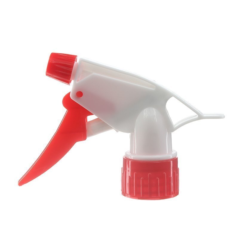 Front view of economical heavy duty trigger sprayer in white and red, 28mm 28-410 neck, 0.9 ml output