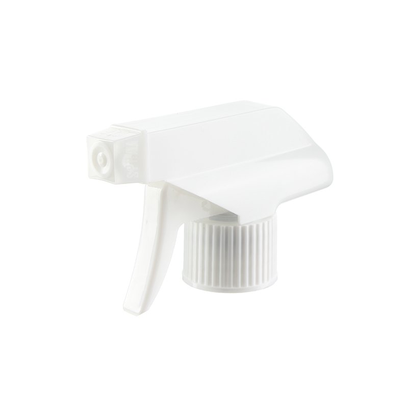 45-degree angled view of white economical trigger sprayer showing spray/stream nozzle and trigger design, 28-410 neck, 0.6 ml dosage
