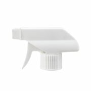 Front view of white economical trigger sprayer with spray/stream nozzle, 28-410 neck, 0.6 ml output