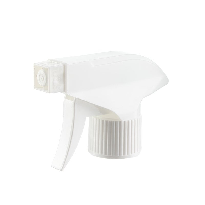 45-degree angled view of white economical trigger sprayer showing switchable spray/stream nozzle and ergonomic trigger design, 28-410 neck, 0.6 ml dosage