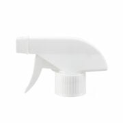Front view of white economical trigger sprayer with switchable spray/stream nozzle, 28mm neck, 0.6 ml output