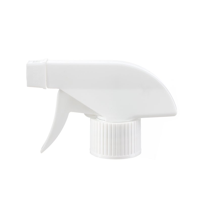 Front view of white economical trigger sprayer with switchable spray/stream nozzle, 28mm neck, 0.6 ml output