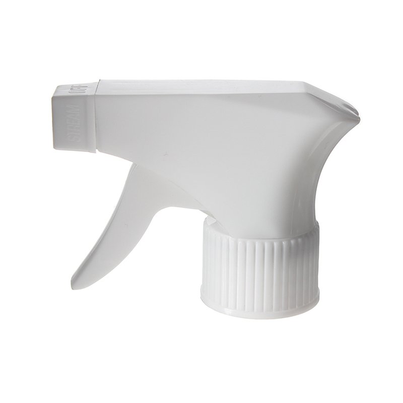 Front view of white economical trigger sprayer with spray/stream nozzle and short-shroud design, 28-410 neck, 0.6 ml output