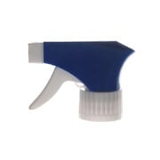 Front view of blue and white economical trigger sprayer with spray/stream nozzle and short-shroud design, 28-410 neck, 0.6 ml output