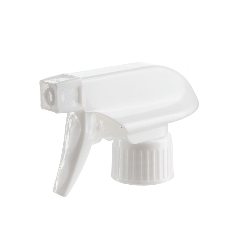 45-degree angled view of white general-purpose trigger sprayer showing spray/stream nozzle and trigger design, 28-410 neck, 1.1 ml dosage