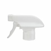 Front view of white general-purpose trigger sprayer with spray/stream nozzle, 28-410 neck, 1.1 ml output