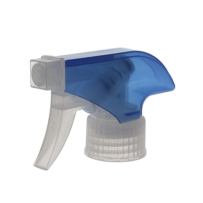 45-degree angled view of translucent blue and clear general-purpose trigger sprayer showing spray/stream nozzle and ergonomic design, 28-410 neck, 0.9 ml dosage