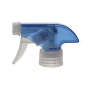 Front view of translucent blue and clear general-purpose trigger sprayer with spray/stream nozzle, 28-410 neck, 0.9 ml output
