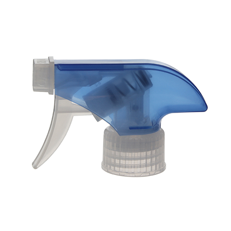 Front view of translucent blue and clear general-purpose trigger sprayer with spray/stream nozzle, 28-410 neck, 0.9 ml output