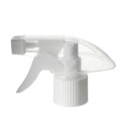 Front view of clear and white economical trigger sprayer with spray/stream nozzle, 28-415 neck, 0.6 ml output