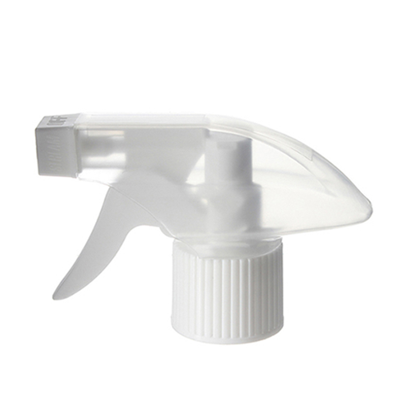 Front view of clear and white economical trigger sprayer with spray/stream nozzle, 28-415 neck, 0.6 ml output