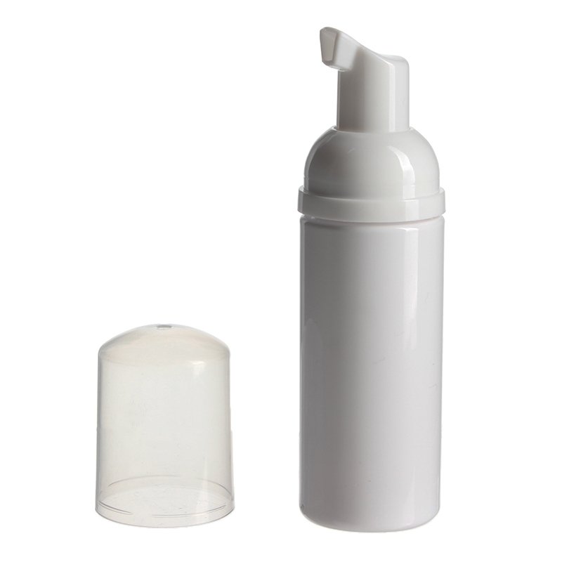 Mini Foam Dispenser Bottle Travel Size, 50ml, PET, White, Cylinder Round, Clear Hood, 30mm - with hood off