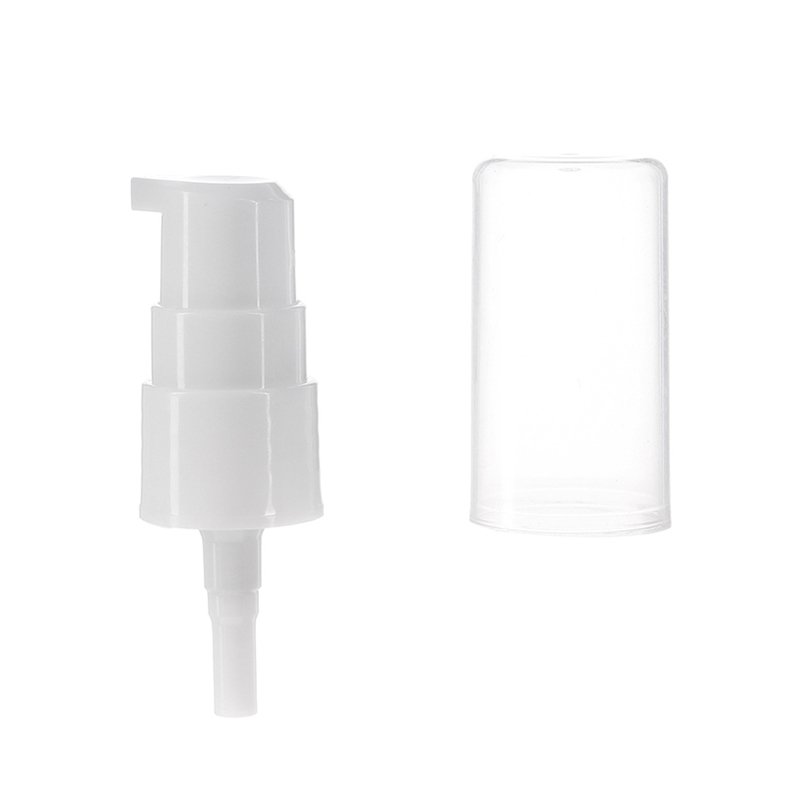 18mm Lotion Pump, Small 18-410, White, Smooth, Full Overcap, 0.6cc Output - with overcap off - KIWL Plastic