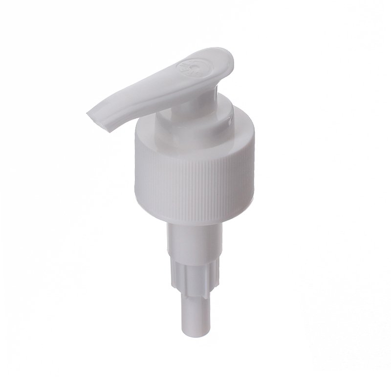 28-410 Lotion Pump, Lock Down, Ribbed, White, 2ml Output - top view - KIWL Plastic