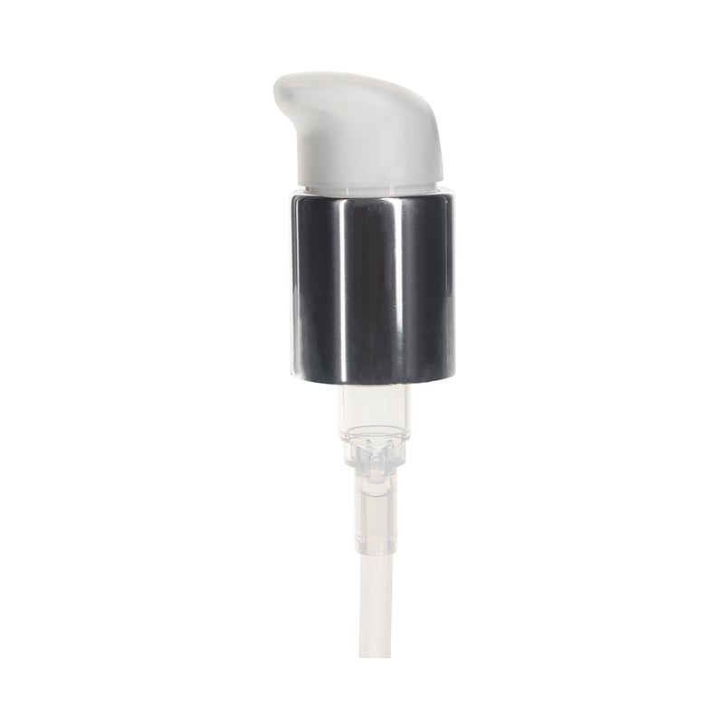 Cosmetic Pump Dispenser, 24-410, Shiny Silver, Dust Cover, Lock Up, 0.6 ml Output