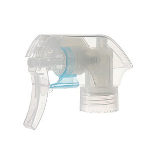 45-degree angled view of clear fine mist trigger sprayer showing lockable button and slim nozzle design, 24-410 neck, 0.3 ml dosage