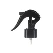 Front view of black mini trigger sprayer, 28mm 28-410 neck, fine mist type with lockable button, 0.25 ml output