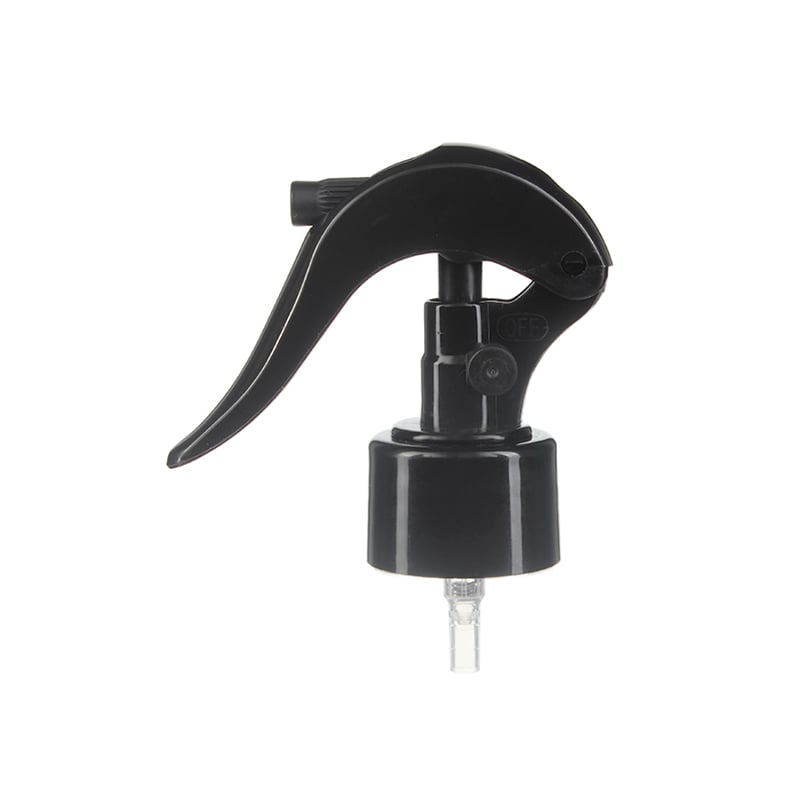 Front view of black mini trigger sprayer, 28mm 28-410 neck, fine mist type with lockable button, 0.25 ml output
