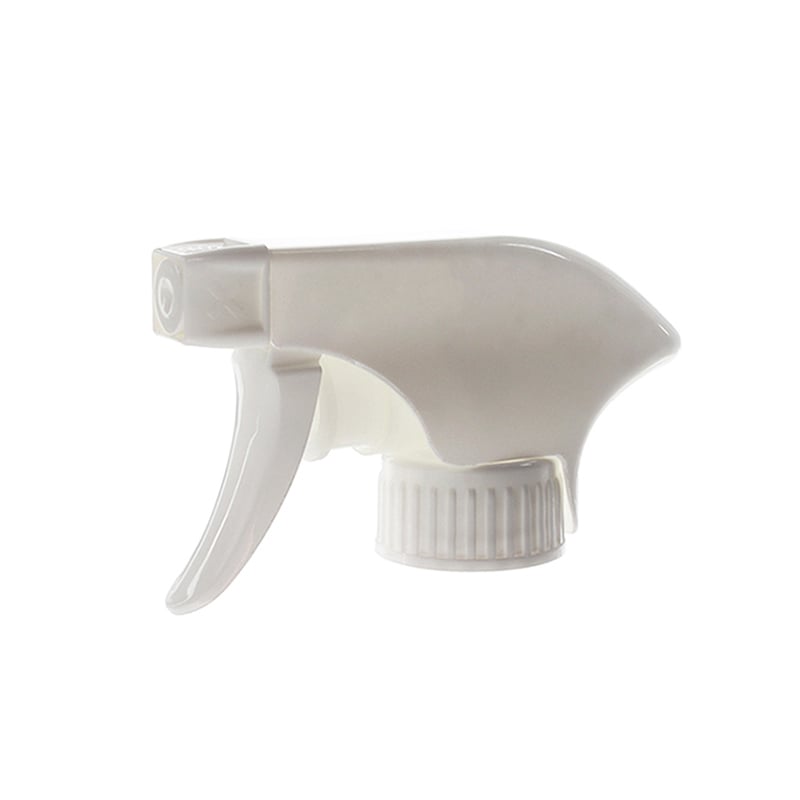45-degree angled view of white trigger sprayer showing extended shroud and spray/stream nozzle design, 28-400 neck, 1.1 ml dosage