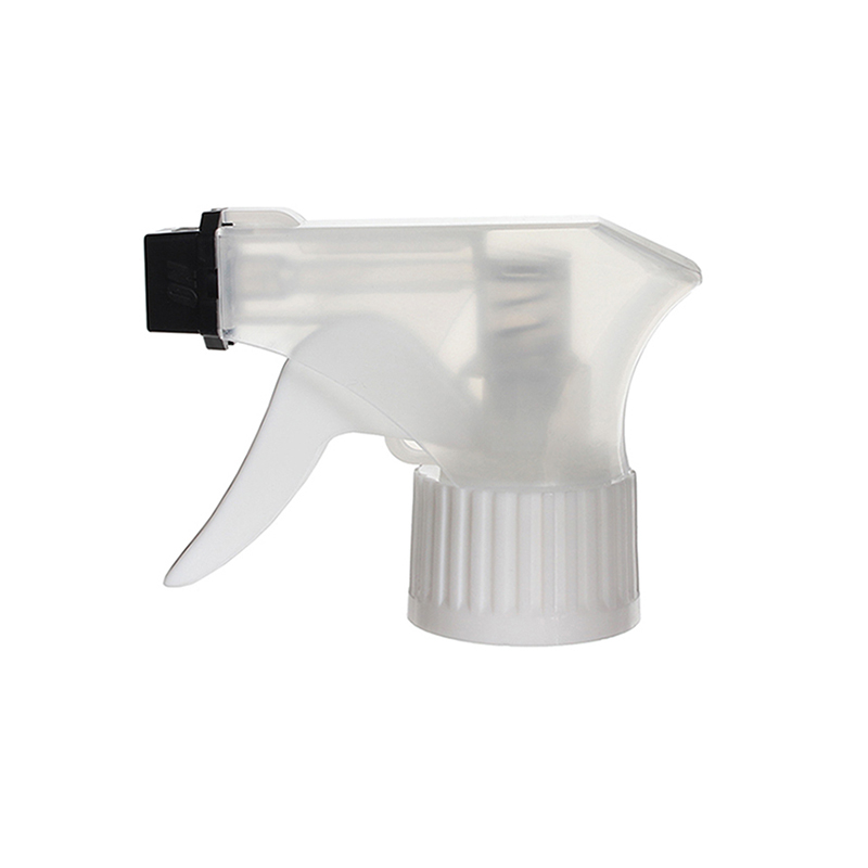 Front view of clear and white child-resistant trigger sprayer with spray-only nozzle, 28-410 neck, 0.6 ml output
