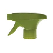 Front view of green economical trigger sprayer with spray/stream nozzle and dual-shroud design, 28-410 neck, 0.6 ml output