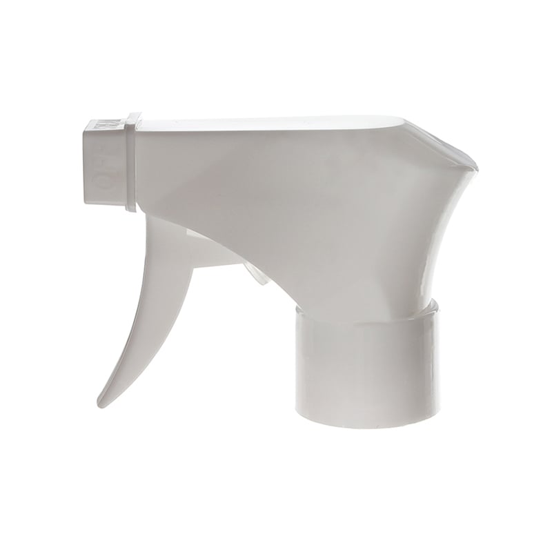 Front view of white all-plastic trigger sprayer with spray/stream nozzle, 24-410 neck, 0.9 ml output