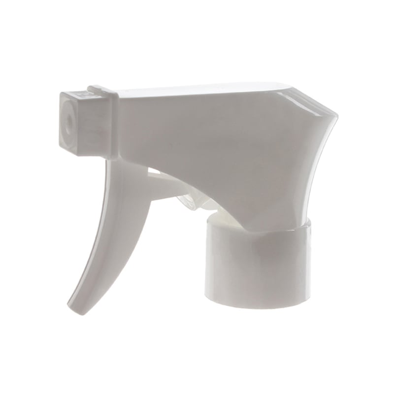 45-degree angled view of white all-plastic trigger sprayer showing spray/stream nozzle and ergonomic trigger design, 24-410 neck, 0.9 ml dosage
