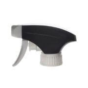 Front view of white and black all-plastic trigger sprayer with spray/stream nozzle and dual-shroud design, 28-400 neck, 1.2 ml output
