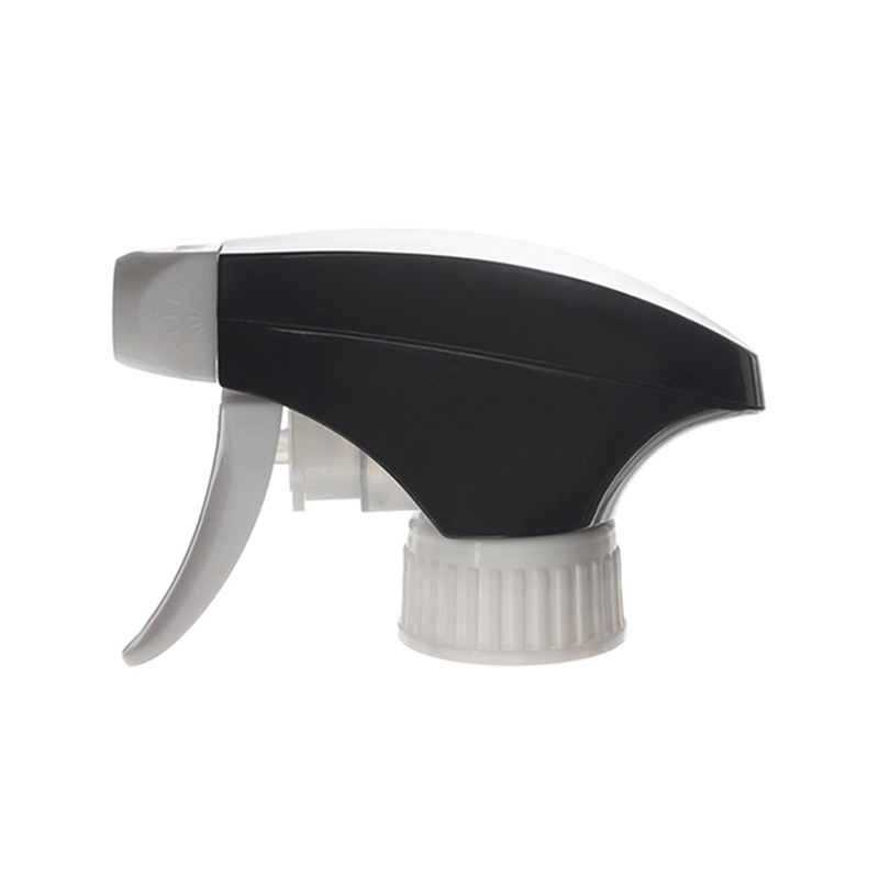Front view of white and black all-plastic trigger sprayer with spray/stream nozzle and dual-shroud design, 28-400 neck, 1.2 ml output