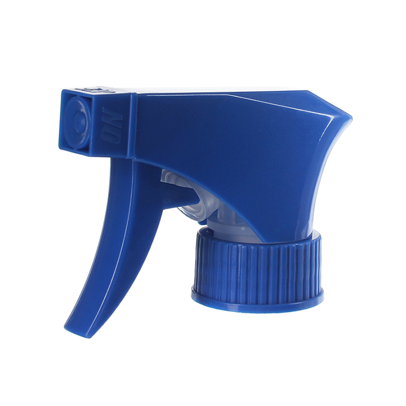 45-degree angled view of blue trigger sprayer showing short shroud and single-spray nozzle, 28-400 neck, 0.9 ml dosage