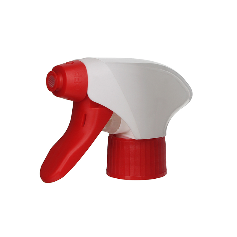 45-degree angled view of red and white PCR eco-friendly foam trigger sprayer showing foaming nozzle and ergonomic trigger, all-plastic body, 28-410 neck, 1.3 ml dosage