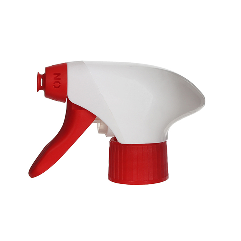 Front view of red and white PCR eco-friendly foam trigger sprayer, all-plastic construction, 28-410 neck, 1.3 ml output