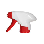 Front view of red and white PCR eco-friendly foam trigger sprayer with extended shroud, all-plastic construction, 28-410 neck, 1.3 ml output