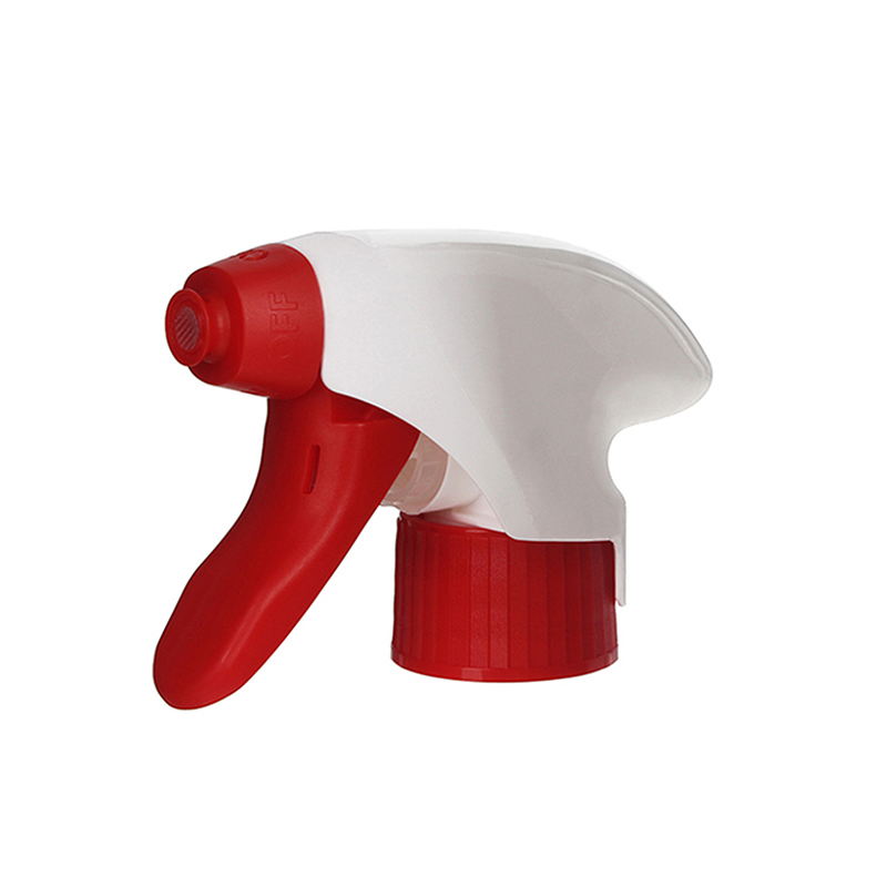 45-degree angled view of red and white all-plastic PCR eco-friendly foam trigger sprayer showing extended shroud and foaming nozzle, 28-410 neck, 1.3 ml dosage