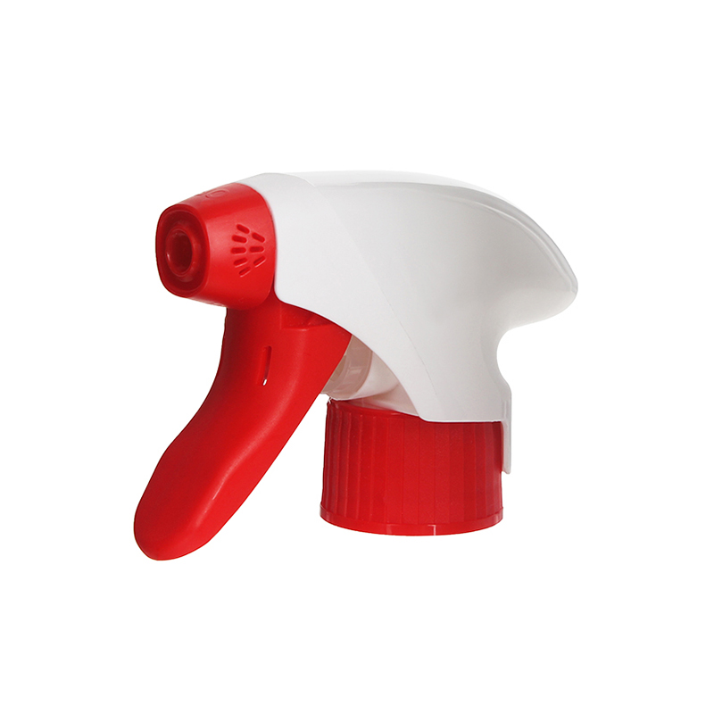 45-degree angled view of red and white all-plastic PCR trigger sprayer showing extended shroud and single-spray nozzle, 28-410 neck, 1.3 ml dosage