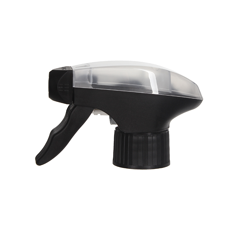 Front view of black and clear all-plastic trigger sprayer with spray/stream nozzle and dual-shroud design, 28-410 neck, 1.2 ml output