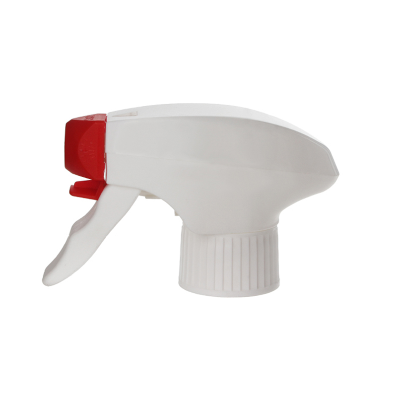 Front view of red and white child-resistant trigger sprayer with all-plastic construction, spray/stream nozzle, dual-shroud design, 28-410 neck, 1.2 ml output