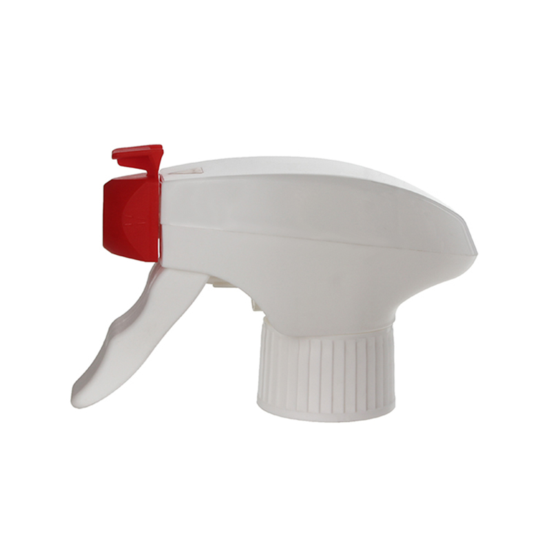 Unlocked state Front view of red and white child-resistant trigger sprayer with all-plastic construction, spray/stream nozzle, dual-shroud design, 28-410 neck, 1.2 ml output