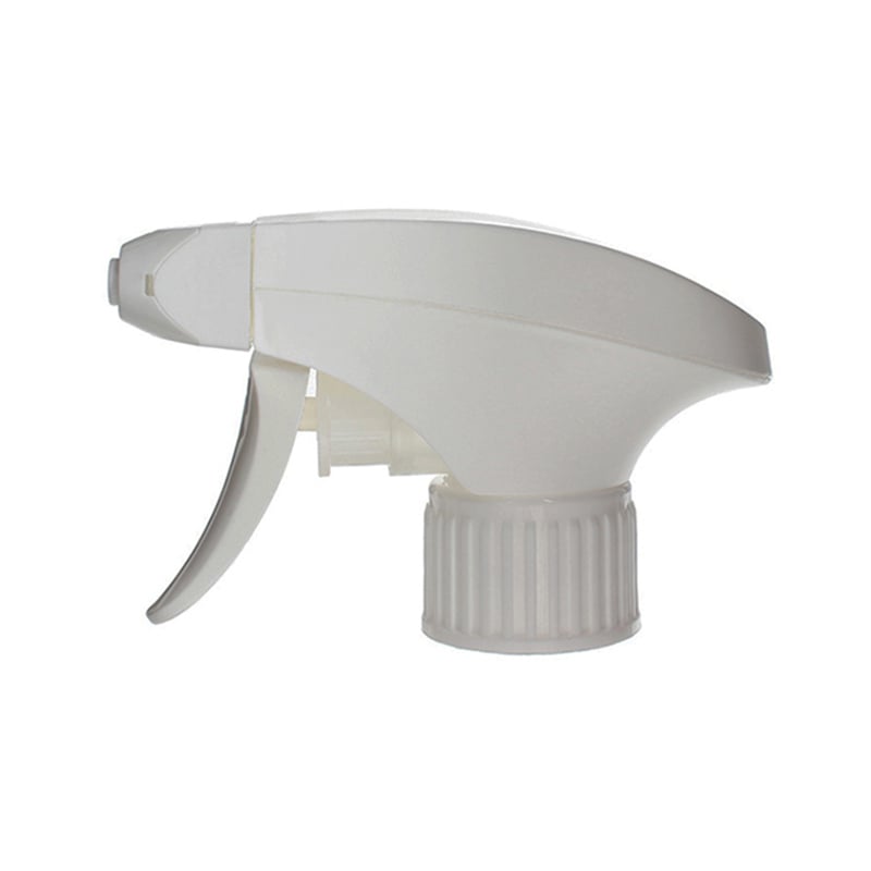 Front view of all-plastic foaming trigger sprayer with plastic mesh nozzle, white color, dual-cover design, 28-410 neck, 1.4 ml output