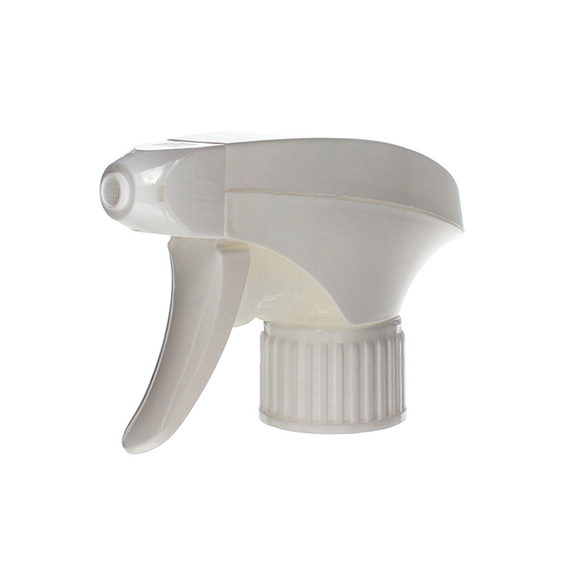45-degree angled view of white all-plastic foaming trigger sprayer showing plastic mesh head and dual-cover structure, 28-410 neck, 1.4 ml dosage