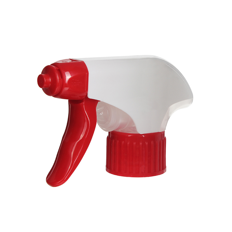 45-degree angled view of all-plastic foam trigger sprayer in white and red, showing plastic mesh head and trigger design, 28-410 neck, 1.3 ml dosage