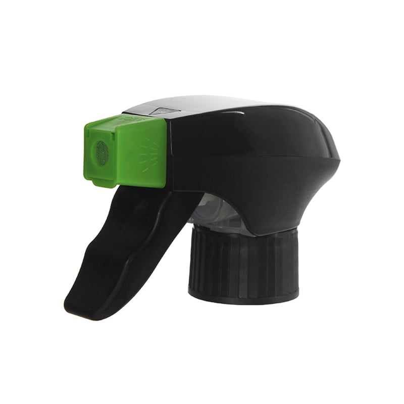 45-degree angled view of black and green dual-shroud all-plastic foam trigger sprayer showing switchable foam/spray head, 28-410 neck, 1.2 ml dosage